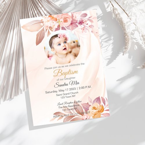 Orange Pink Floral with Photo Baptism Invitation