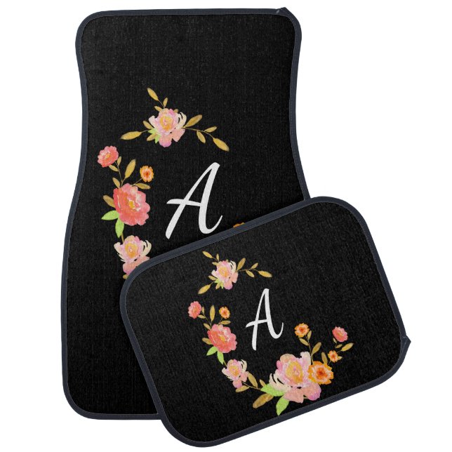 Orange Pink Floral Wreath Custom Monogram Car Mats (Set)