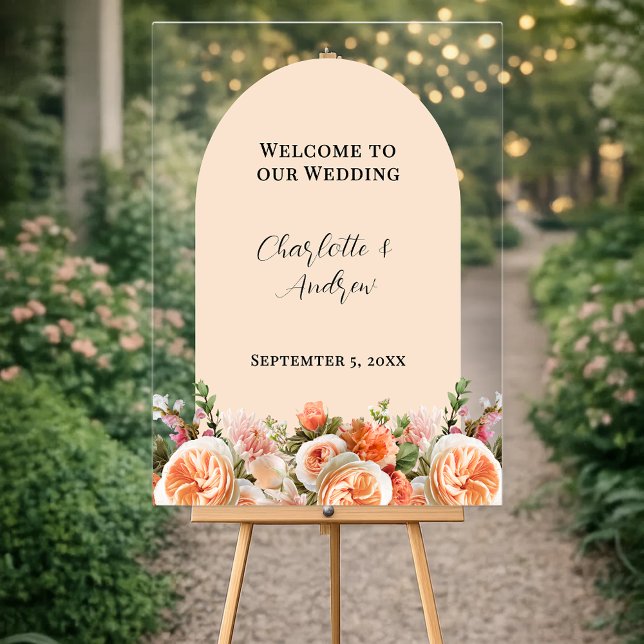 Orange pink florals arch clear wedding welcome acrylic sign (Creator Uploaded)