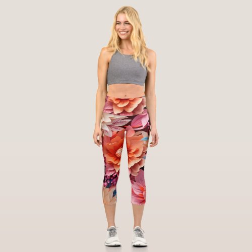 Orange pink flower blooms and leaves capri leggings