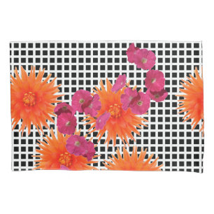 Orange Pink Flowers B/W Check Pair of Pillowcases