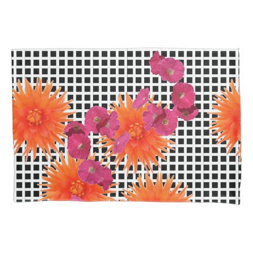 Orange Pink Flowers BW Check Pair of Pillowcases