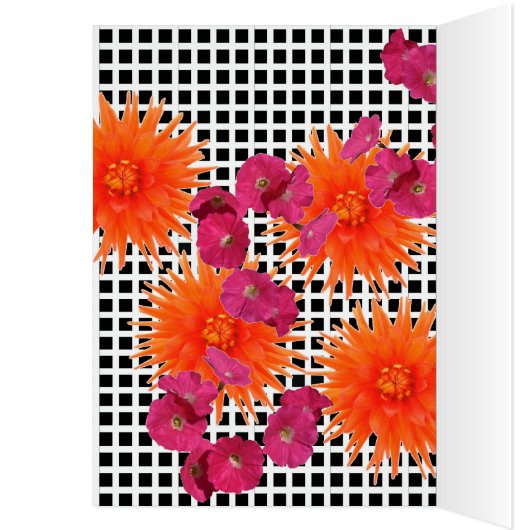 Orange Pink Flowers Black White Check Card (Inside (Left))