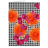 Orange Pink Flowers Black White Check Card (Front)