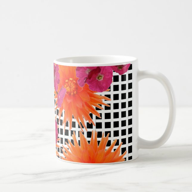 Orange Pink Flowers Black White Check Coffee Mug (Right)