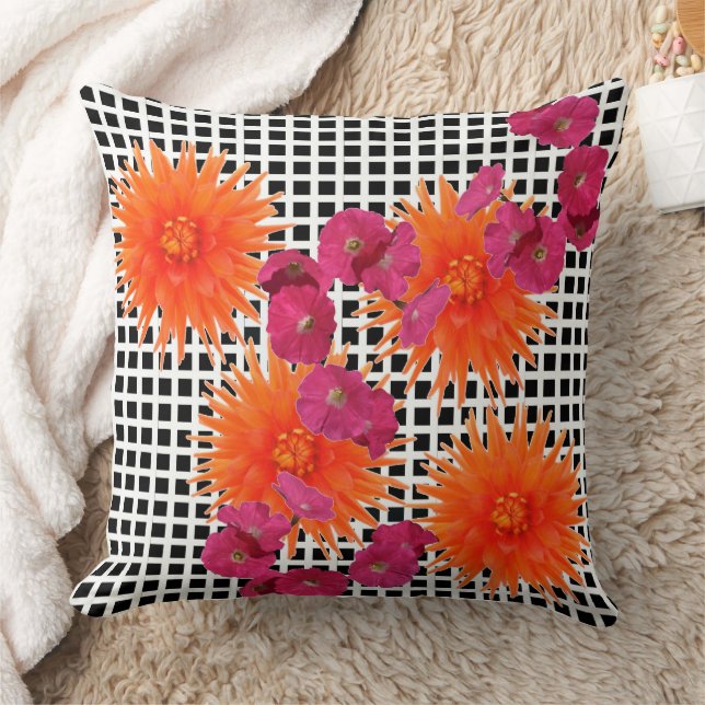 Orange Pink Flowers Black White Check Throw Pillow (Blanket)