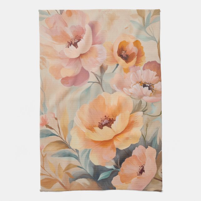 Orange Pink Flowers Watercolor Blooms Elegant  Kitchen Towel (Vertical)