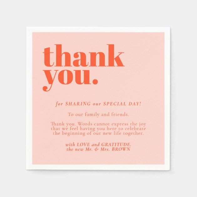 Orange Pink Formal Thank Minimalist Decor Wedding Napkins