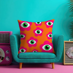 Orange& Pink Funky Evil Eye Flowers Bohemian Throw Pillow