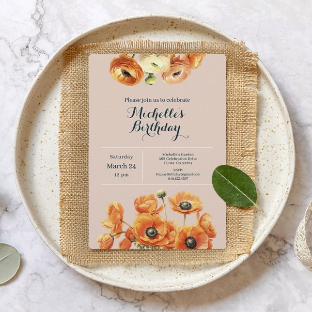 Orange Pink Garden Floral Any Age Birthday Party  Invitation (Creator Uploaded)