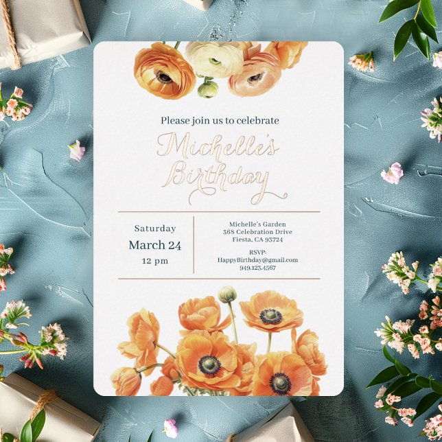 Orange Pink Garden Floral Birthday Party Rose Gold Foil Invitation (Creator Uploaded)