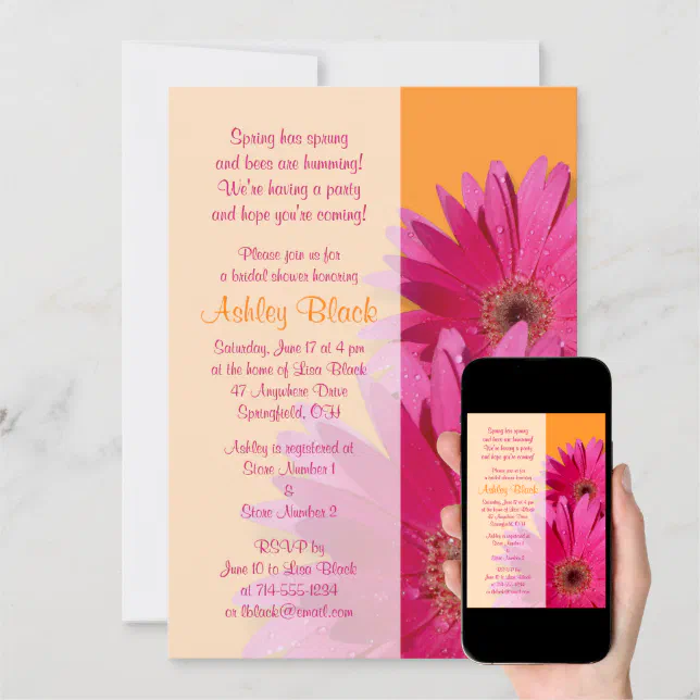 Orange Pink Gerbera Daisy Bridal Shower Invitation Zazzle