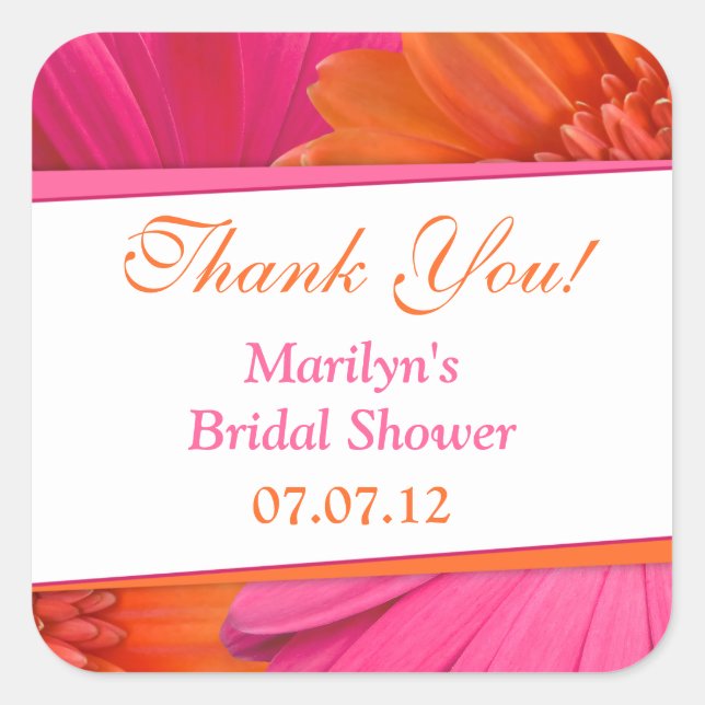 Orange Pink Gerbera Daisy Bridal Shower Thank You Square Sticker (Front)
