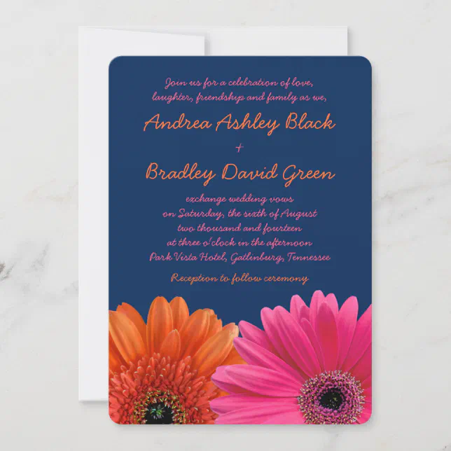 Orange Pink Gerbera Daisy Navy Wedding Invitation | Zazzle