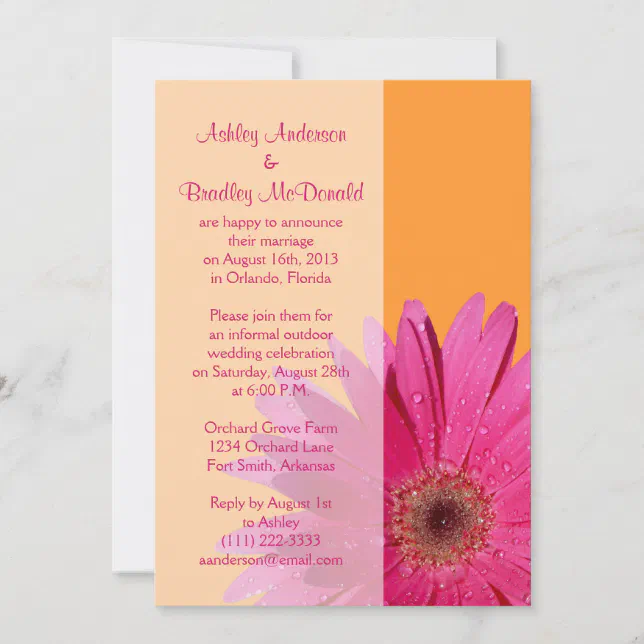 Orange Pink Gerbera Daisy Wedding Reception Only Invitation | Zazzle