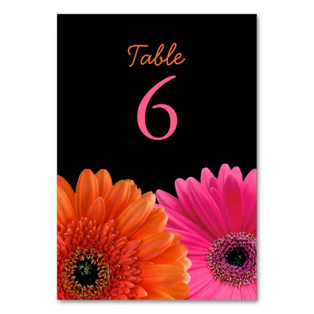 Orange Pink Gerbera Gerber Daisy Black Wedding Table Number (Front)