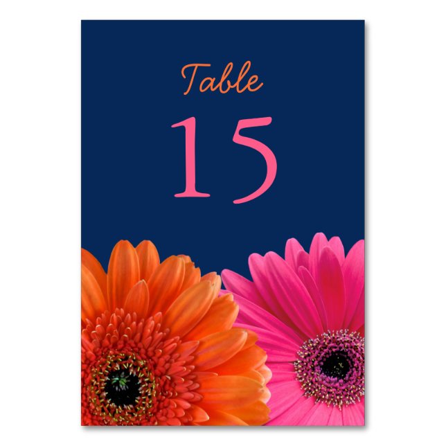 Orange Pink Gerbera Gerber Daisy Navy Wedding Table Number (Back)