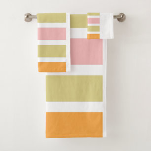 Orange Pink Gold and Green Stripes Bath Towel Set