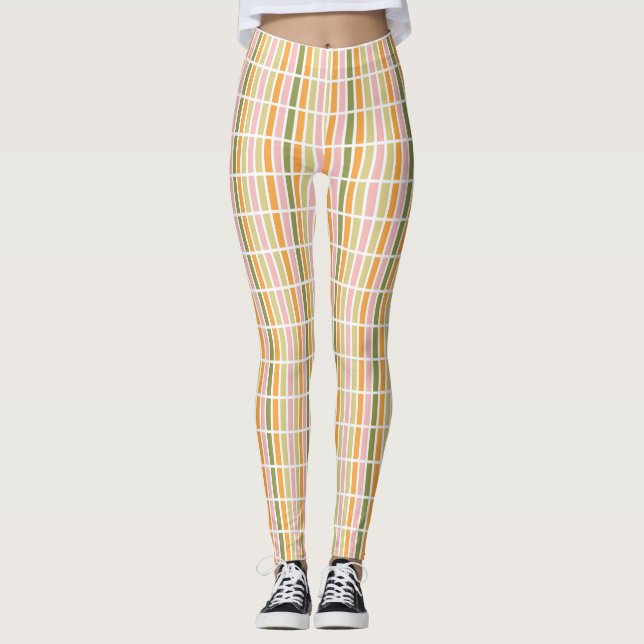 Orange Pink Gold and Green Stripes Leggings (Front)