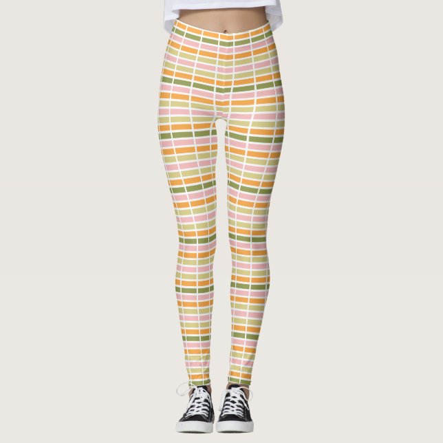 Orange Pink Gold and Green Stripes Leggings (Front)