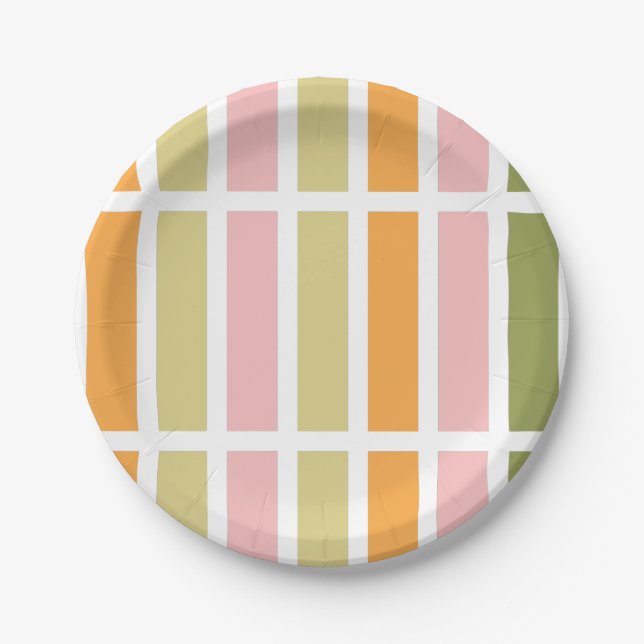 Orange Pink Gold and Green Stripes Paper Plates (Front)