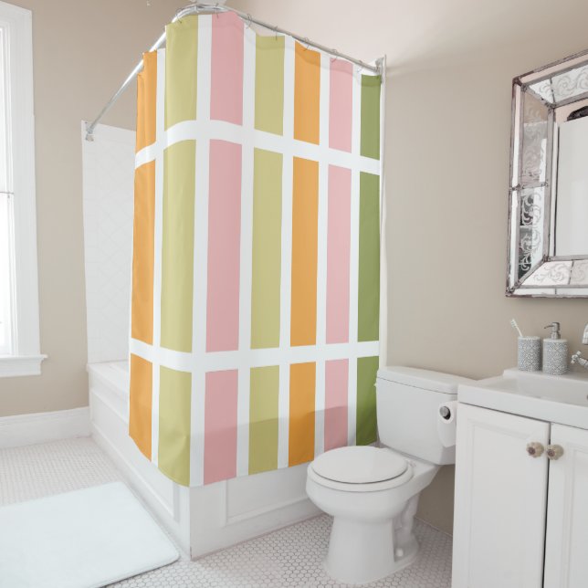 Orange Pink Gold and Green Stripes Shower Curtain (In Situ)