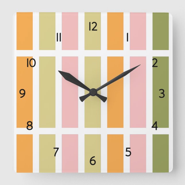 Orange Pink Gold and Green Stripes Square Wall Clock (Front)