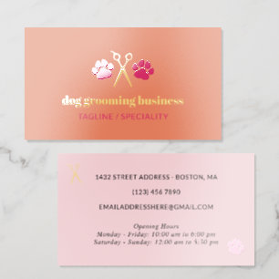 Orange Pink Gold Paws & Scissors Dog Grooming Foil Spot Gloss Business Cards