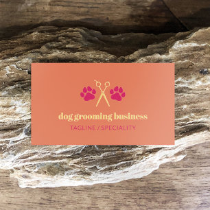 Orange Pink Gold Paws & Scissors Dog Grooming Foil Spot Gloss Business Cards
