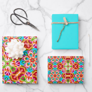 Orange, Pink, Green & Blue Pattern Wrapping Paper Sheets