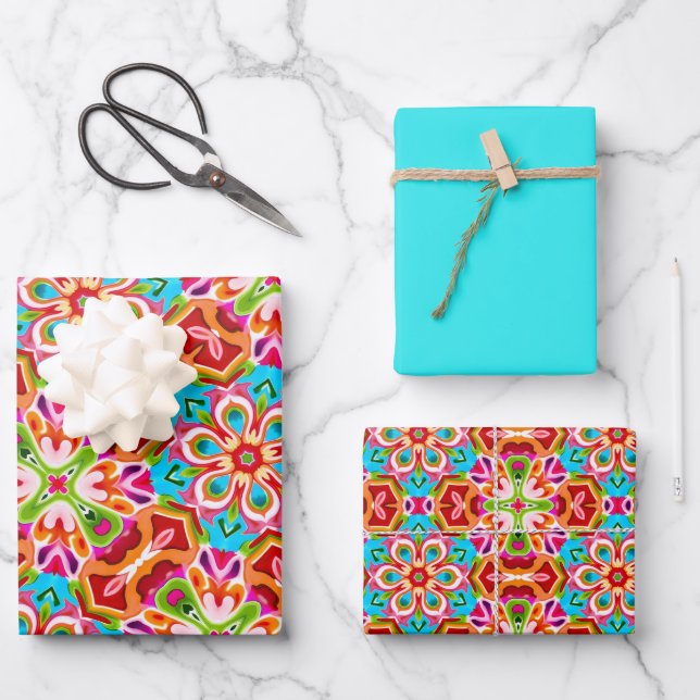 Orange, Pink, Green & Blue Pattern Wrapping Paper Sheets (Front)