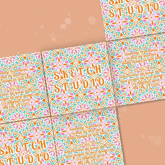 Orange Pink Green Tile Rainbow Emboss Square Business Card
