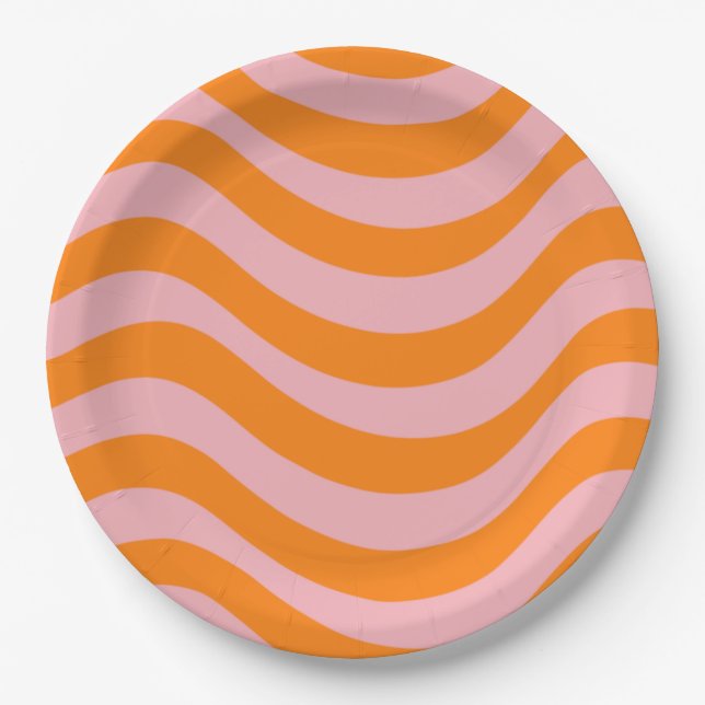 Orange Pink Groovy Retro Abstract Wave Y2K Pattern Paper Plates (Front)