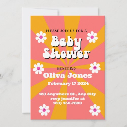 Orange  Pink Groovy Retro Baby Shower  Save The Date