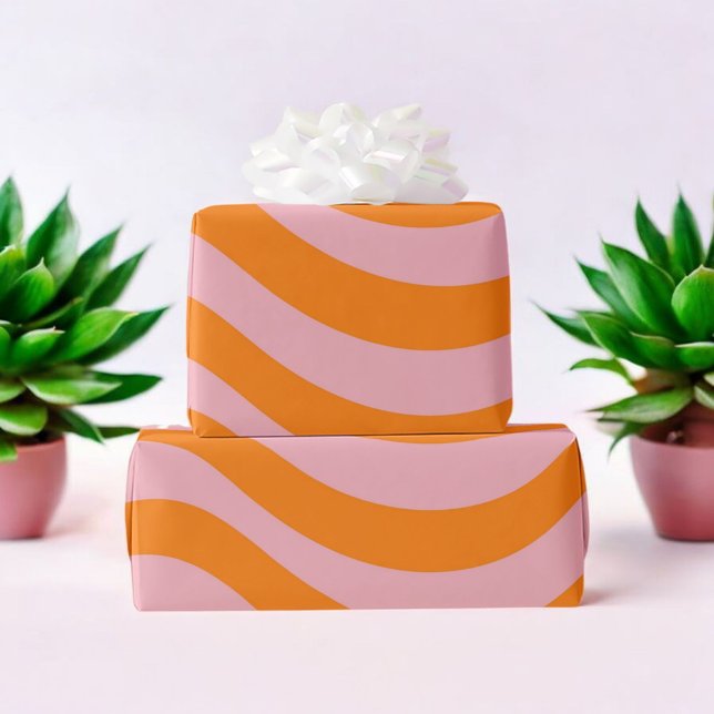 Orange Pink Groovy Wavy Stripe Modern Minimalistic Wrapping Paper (Creator Uploaded)