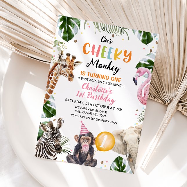 Orange Pink Hat Our Cheeky Monkey Birthday Invitation (Cheeky Monkey Birthday Invitation Template Girl, Printable Our Cheeky Monkey 1st Birthday Invite
)