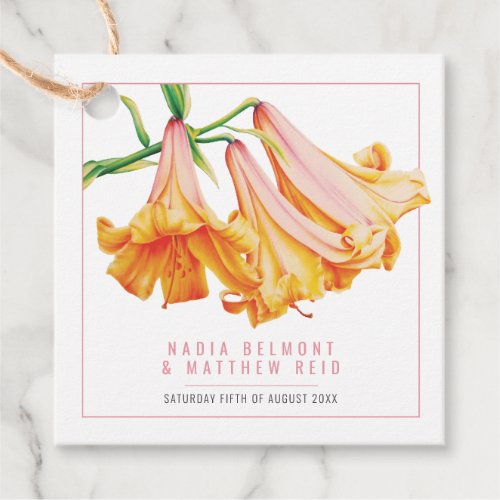 Orange pink lily flower watercolor wedding favor tags
