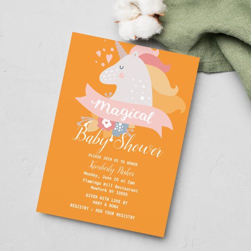 Orange pink magical unicorn floral Baby Shower Invitation