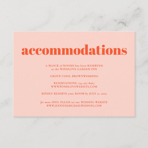 Orange Pink Minimalist Wedding Accommodations Enclosure Card