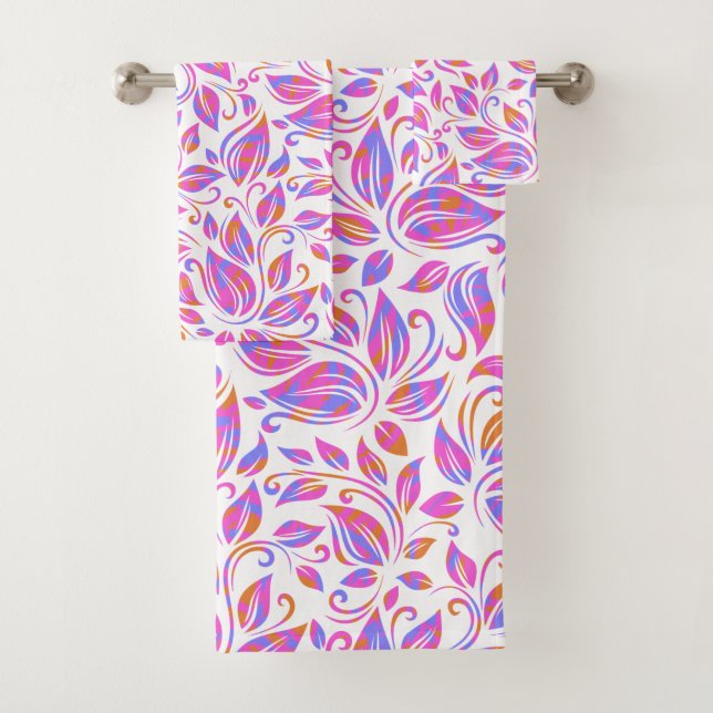 Orange Pink Neon Purple Trendy Floral Print Bath Towel Set (Insitu)