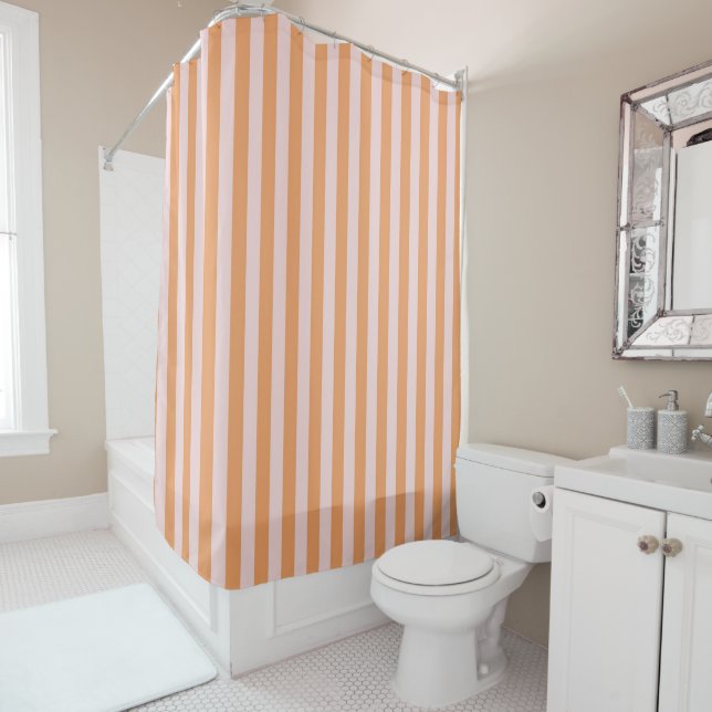 Orange Pink Pastel Stripes Pattern Modern Shower Curtain (In Situ)