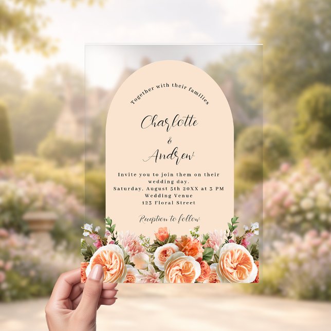 Orange pink peach florals arch clear wedding acrylic invitations (Creator Uploaded)