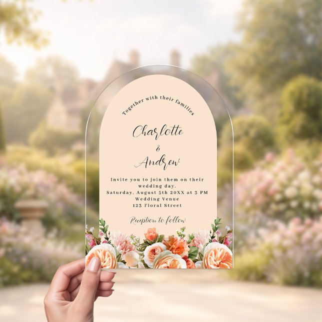 Orange pink peach florals arch clear wedding acrylic invitations (Creator Uploaded)