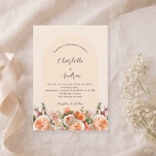Orange pink peach florals arch wedding invitation