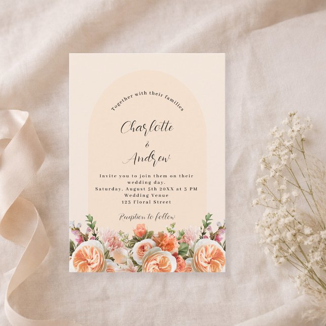 Orange pink peach florals arch wedding invitation (Creator Uploaded)