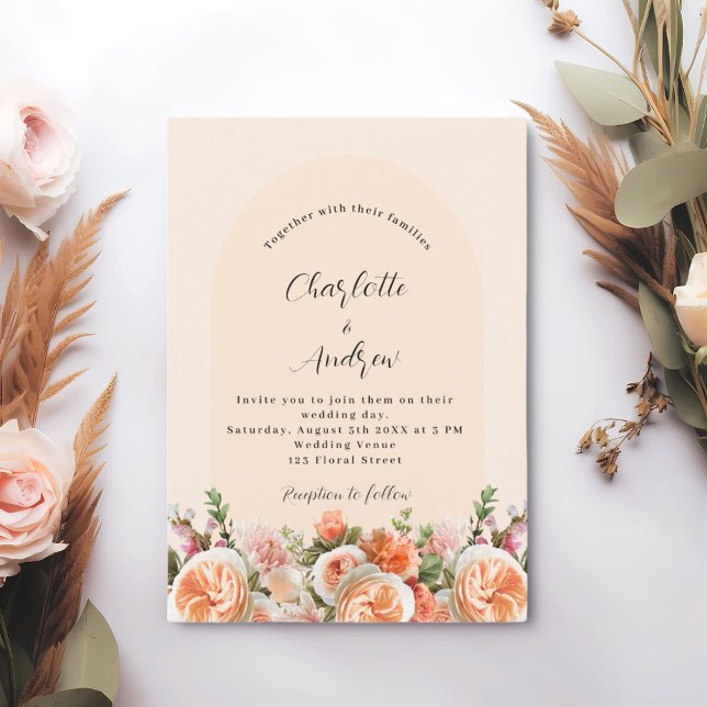 Orange pink peach florals arch wedding invitation (Creator Uploaded)