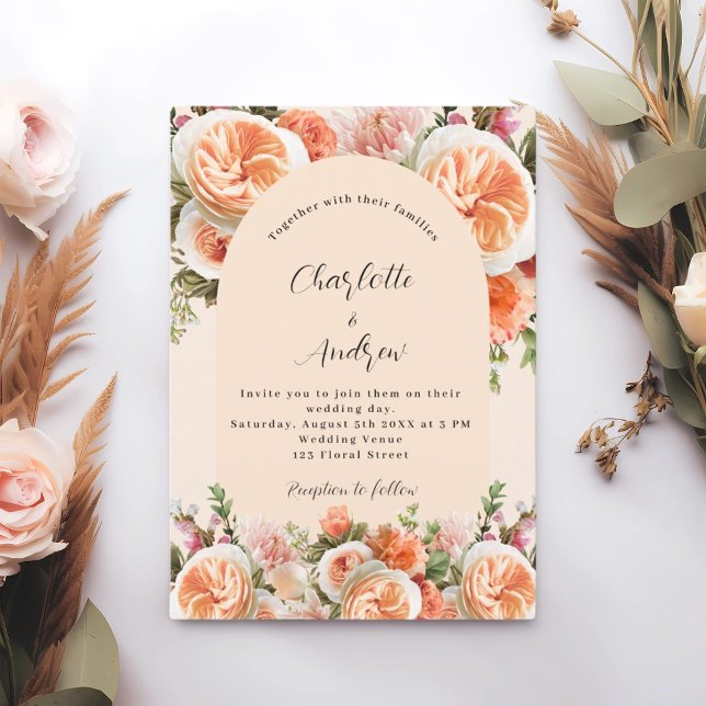 Orange pink peach florals arch wedding invitation (Creator Uploaded)