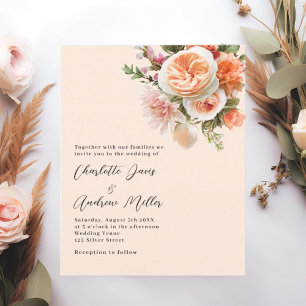 Orange pink peach florals wedding invitation