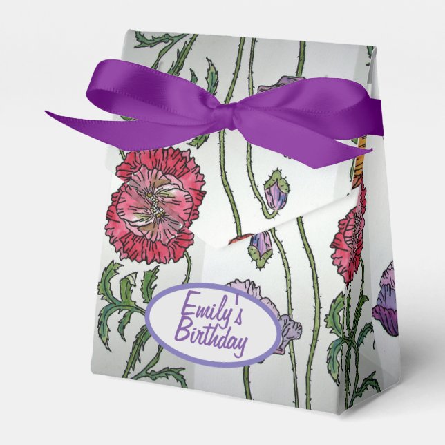 Orange Pink Poppy Floral Birthday Cake Favour Box (Front Side)