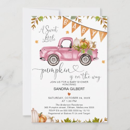 Orange Pink Pumpkin Truck with Heart Baby Shower Invitation